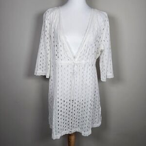 Eyelet Cover Up Shirt Womens Large Lace Cruise Vacation Resort Paradise Fairy